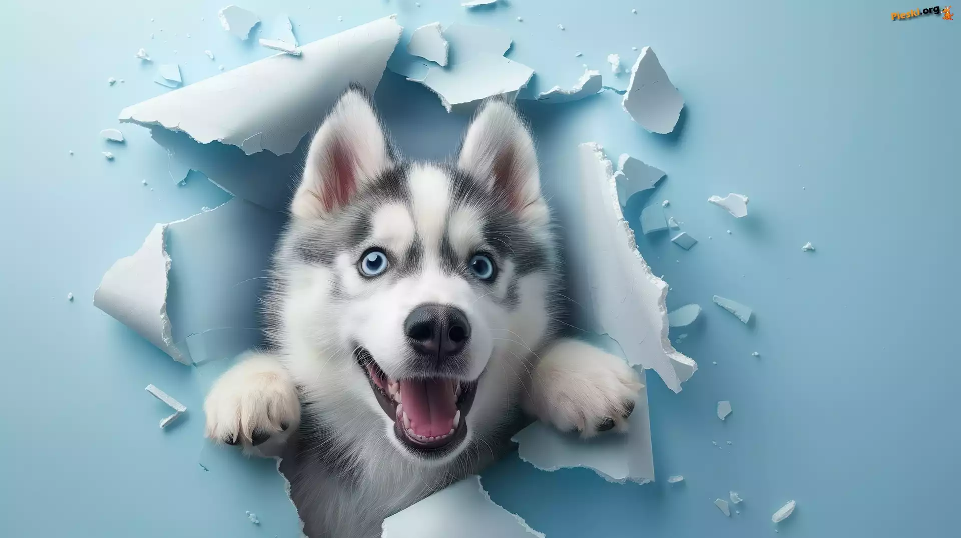 Dziura, Niebieska, Pies, Ściana, Siberian husky